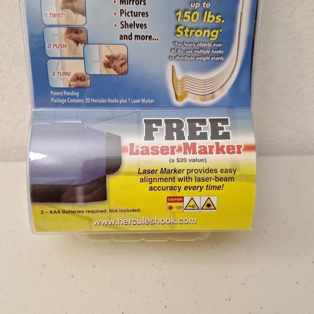 NEW Sealed, Package of 20 Hercules Hooks Wall Picture Hangers BONUS Laser Marker